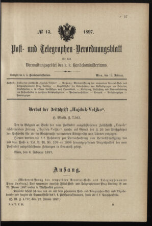 Post- und Telegraphen-Verordnungsblatt für das Verwaltungsgebiet des K.-K. Handelsministeriums 18970210 Seite: 1