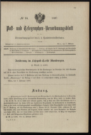 Post- und Telegraphen-Verordnungsblatt für das Verwaltungsgebiet des K.-K. Handelsministeriums 18970217 Seite: 1