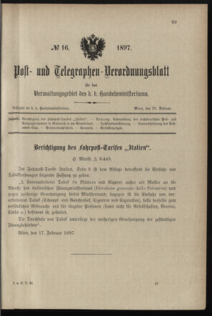 Post- und Telegraphen-Verordnungsblatt für das Verwaltungsgebiet des K.-K. Handelsministeriums 18970223 Seite: 1