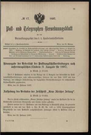 Post- und Telegraphen-Verordnungsblatt für das Verwaltungsgebiet des K.-K. Handelsministeriums 18970224 Seite: 1