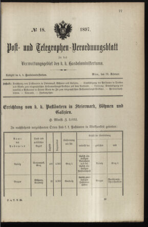 Post- und Telegraphen-Verordnungsblatt für das Verwaltungsgebiet des K.-K. Handelsministeriums 18970226 Seite: 1