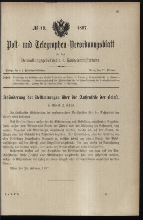 Post- und Telegraphen-Verordnungsblatt für das Verwaltungsgebiet des K.-K. Handelsministeriums 18970227 Seite: 1