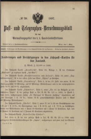 Post- und Telegraphen-Verordnungsblatt für das Verwaltungsgebiet des K.-K. Handelsministeriums 18970301 Seite: 1