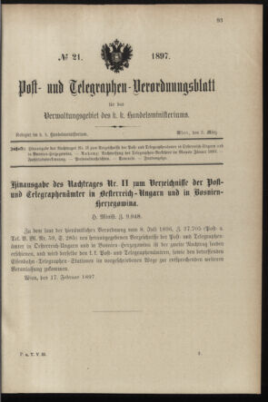 Post- und Telegraphen-Verordnungsblatt für das Verwaltungsgebiet des K.-K. Handelsministeriums 18970302 Seite: 1