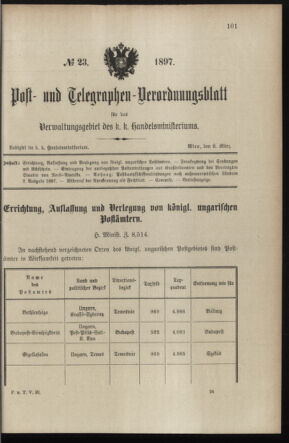 Post- und Telegraphen-Verordnungsblatt für das Verwaltungsgebiet des K.-K. Handelsministeriums 18970309 Seite: 1