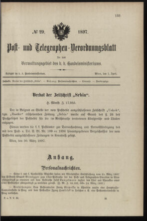 Post- und Telegraphen-Verordnungsblatt für das Verwaltungsgebiet des K.-K. Handelsministeriums 18970401 Seite: 1