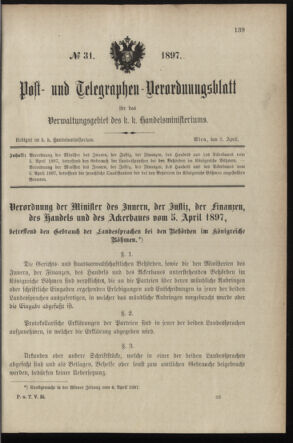 Post- und Telegraphen-Verordnungsblatt für das Verwaltungsgebiet des K.-K. Handelsministeriums 18970408 Seite: 1