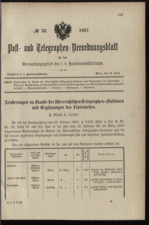 Post- und Telegraphen-Verordnungsblatt für das Verwaltungsgebiet des K.-K. Handelsministeriums 18970412 Seite: 1