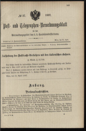 Post- und Telegraphen-Verordnungsblatt für das Verwaltungsgebiet des K.-K. Handelsministeriums 18970424 Seite: 1