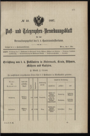 Post- und Telegraphen-Verordnungsblatt für das Verwaltungsgebiet des K.-K. Handelsministeriums 18970503 Seite: 1