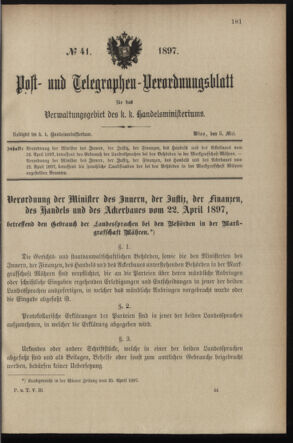 Post- und Telegraphen-Verordnungsblatt für das Verwaltungsgebiet des K.-K. Handelsministeriums 18970505 Seite: 1