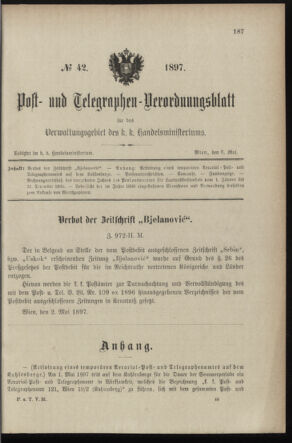 Post- und Telegraphen-Verordnungsblatt für das Verwaltungsgebiet des K.-K. Handelsministeriums 18970506 Seite: 1