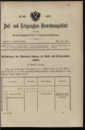 Post- und Telegraphen-Verordnungsblatt für das Verwaltungsgebiet des K.-K. Handelsministeriums 18970507 Seite: 1