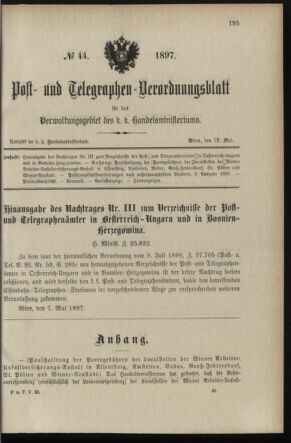 Post- und Telegraphen-Verordnungsblatt für das Verwaltungsgebiet des K.-K. Handelsministeriums 18970512 Seite: 1