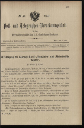 Post- und Telegraphen-Verordnungsblatt für das Verwaltungsgebiet des K.-K. Handelsministeriums 18970519 Seite: 1