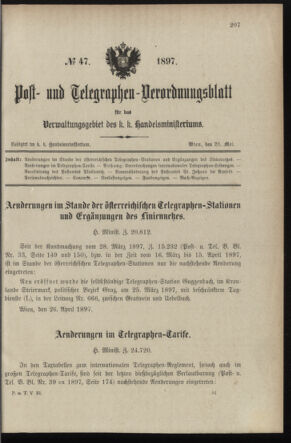 Post- und Telegraphen-Verordnungsblatt für das Verwaltungsgebiet des K.-K. Handelsministeriums 18970526 Seite: 1