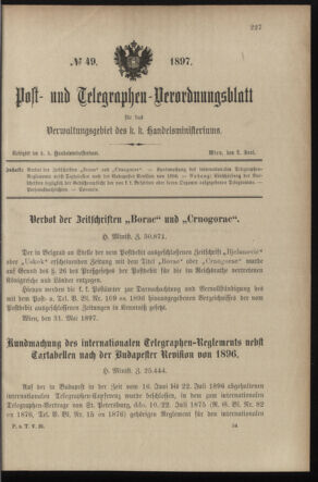 Post- und Telegraphen-Verordnungsblatt für das Verwaltungsgebiet des K.-K. Handelsministeriums 18970602 Seite: 1