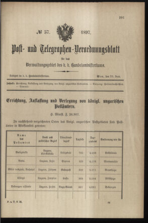 Post- und Telegraphen-Verordnungsblatt für das Verwaltungsgebiet des K.-K. Handelsministeriums 18970623 Seite: 1