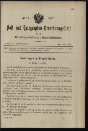 Post- und Telegraphen-Verordnungsblatt für das Verwaltungsgebiet des K.-K. Handelsministeriums 18970727 Seite: 1