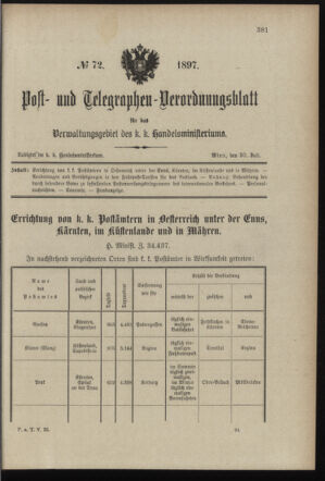 Post- und Telegraphen-Verordnungsblatt für das Verwaltungsgebiet des K.-K. Handelsministeriums 18970730 Seite: 1