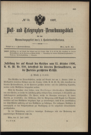 Post- und Telegraphen-Verordnungsblatt für das Verwaltungsgebiet des K.-K. Handelsministeriums 18970731 Seite: 1