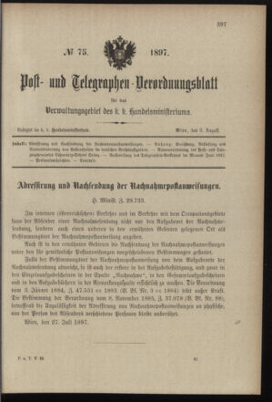 Post- und Telegraphen-Verordnungsblatt für das Verwaltungsgebiet des K.-K. Handelsministeriums 18970809 Seite: 1