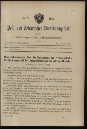 Post- und Telegraphen-Verordnungsblatt für das Verwaltungsgebiet des K.-K. Handelsministeriums 18970810 Seite: 1