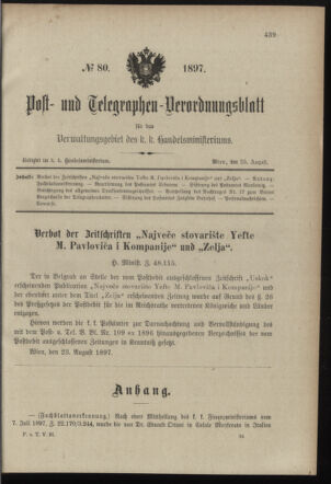 Post- und Telegraphen-Verordnungsblatt für das Verwaltungsgebiet des K.-K. Handelsministeriums 18970825 Seite: 1