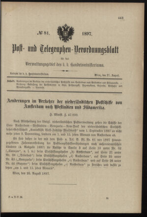 Post- und Telegraphen-Verordnungsblatt für das Verwaltungsgebiet des K.-K. Handelsministeriums 18970827 Seite: 1