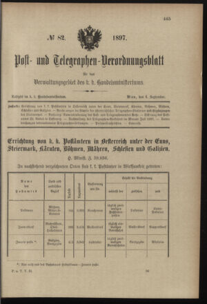 Post- und Telegraphen-Verordnungsblatt für das Verwaltungsgebiet des K.-K. Handelsministeriums 18970904 Seite: 1