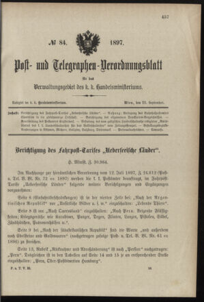 Post- und Telegraphen-Verordnungsblatt für das Verwaltungsgebiet des K.-K. Handelsministeriums 18970923 Seite: 1