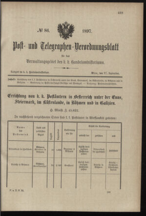 Post- und Telegraphen-Verordnungsblatt für das Verwaltungsgebiet des K.-K. Handelsministeriums 18970927 Seite: 1