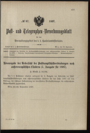 Post- und Telegraphen-Verordnungsblatt für das Verwaltungsgebiet des K.-K. Handelsministeriums 18970929 Seite: 1