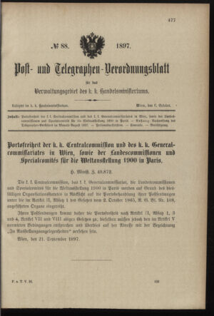 Post- und Telegraphen-Verordnungsblatt für das Verwaltungsgebiet des K.-K. Handelsministeriums 18971006 Seite: 1