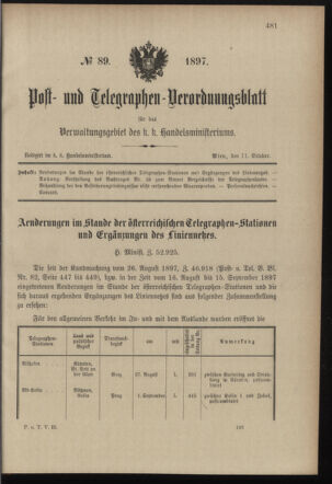 Post- und Telegraphen-Verordnungsblatt für das Verwaltungsgebiet des K.-K. Handelsministeriums 18971011 Seite: 1