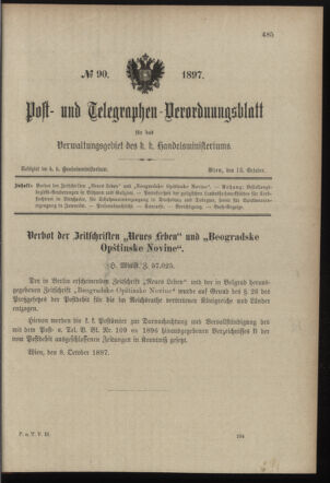 Post- und Telegraphen-Verordnungsblatt für das Verwaltungsgebiet des K.-K. Handelsministeriums 18971013 Seite: 1