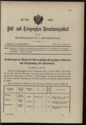 Post- und Telegraphen-Verordnungsblatt für das Verwaltungsgebiet des K.-K. Handelsministeriums 18971111 Seite: 1