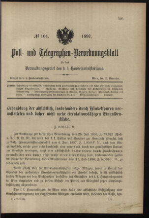 Post- und Telegraphen-Verordnungsblatt für das Verwaltungsgebiet des K.-K. Handelsministeriums 18971117 Seite: 1