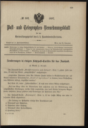 Post- und Telegraphen-Verordnungsblatt für das Verwaltungsgebiet des K.-K. Handelsministeriums 18971124 Seite: 1