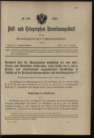 Post- und Telegraphen-Verordnungsblatt für das Verwaltungsgebiet des K.-K. Handelsministeriums 18971127 Seite: 1