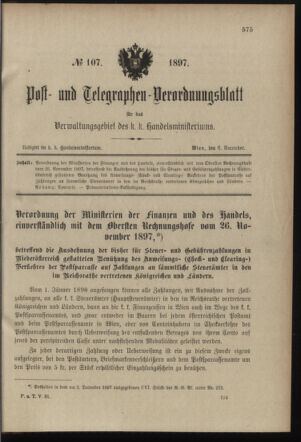 Post- und Telegraphen-Verordnungsblatt für das Verwaltungsgebiet des K.-K. Handelsministeriums 18971206 Seite: 1