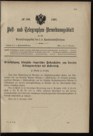 Post- und Telegraphen-Verordnungsblatt für das Verwaltungsgebiet des K.-K. Handelsministeriums 18971211 Seite: 1