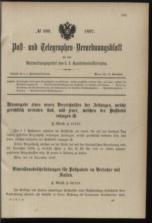 Post- und Telegraphen-Verordnungsblatt für das Verwaltungsgebiet des K.-K. Handelsministeriums 18971214 Seite: 1