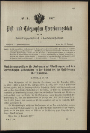 Post- und Telegraphen-Verordnungsblatt für das Verwaltungsgebiet des K.-K. Handelsministeriums 18971218 Seite: 1