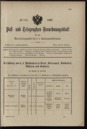 Post- und Telegraphen-Verordnungsblatt für das Verwaltungsgebiet des K.-K. Handelsministeriums 18971222 Seite: 1