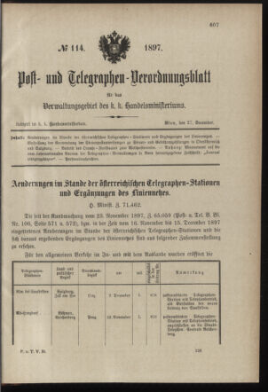 Post- und Telegraphen-Verordnungsblatt für das Verwaltungsgebiet des K.-K. Handelsministeriums 18971227 Seite: 1