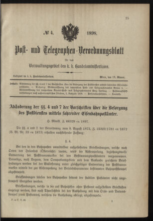 Post- und Telegraphen-Verordnungsblatt für das Verwaltungsgebiet des K.-K. Handelsministeriums 18980113 Seite: 1