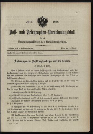 Post- und Telegraphen-Verordnungsblatt für das Verwaltungsgebiet des K.-K. Handelsministeriums 18980117 Seite: 1