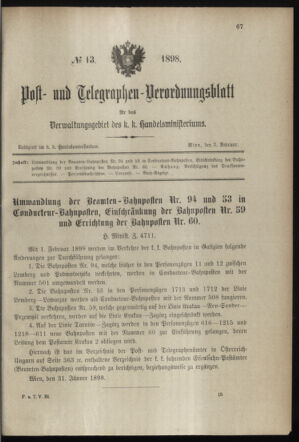 Post- und Telegraphen-Verordnungsblatt für das Verwaltungsgebiet des K.-K. Handelsministeriums 18980203 Seite: 1