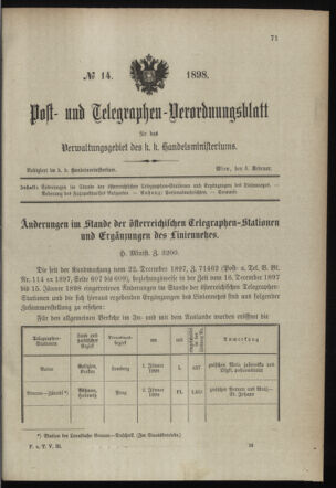 Post- und Telegraphen-Verordnungsblatt für das Verwaltungsgebiet des K.-K. Handelsministeriums 18980204 Seite: 1